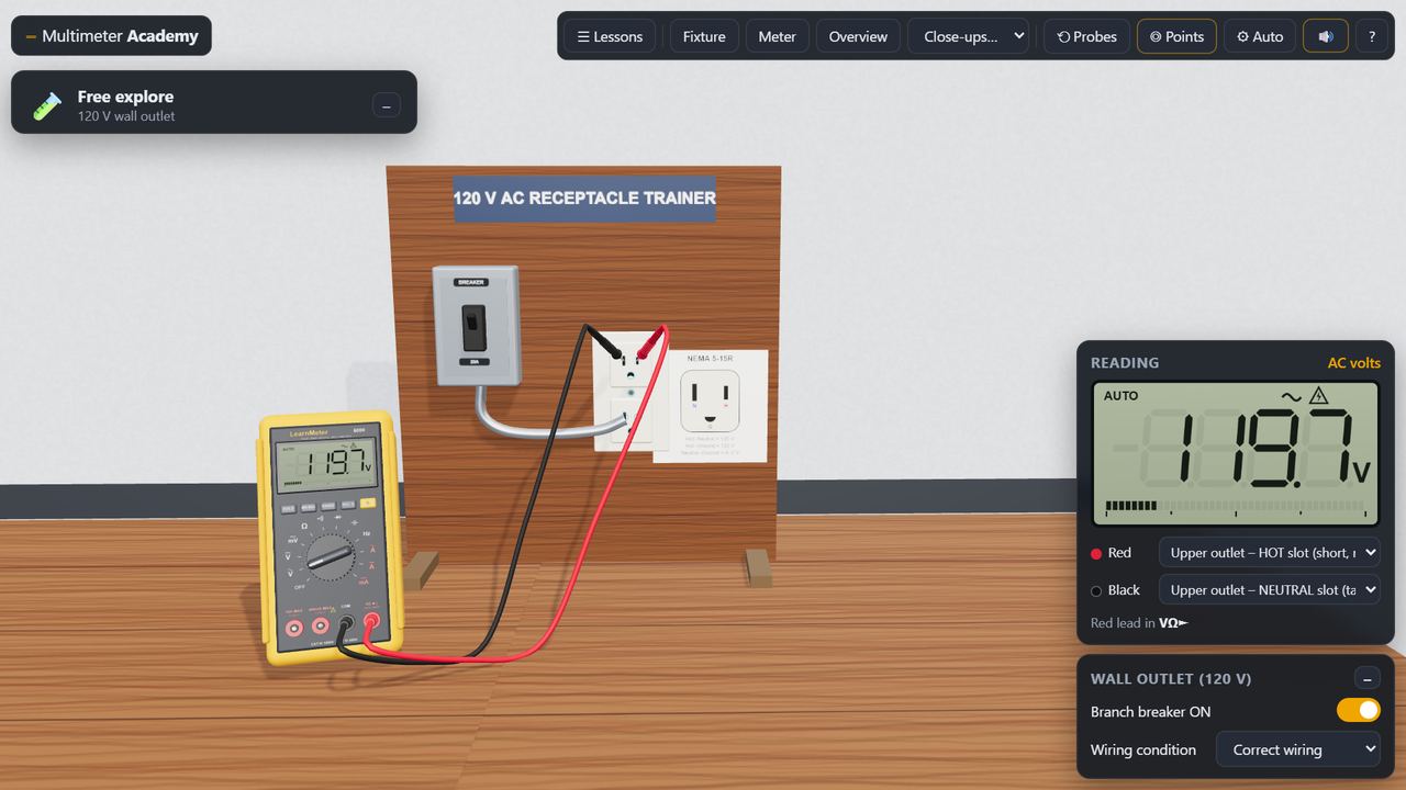 3D multimeter reading 120 V AC at a wall outlet