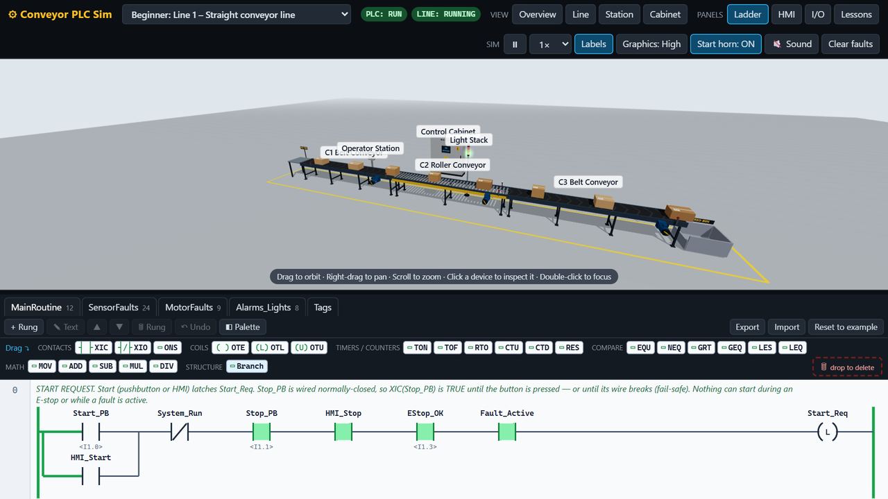 3D conveyor line with the PLC ladder logic editor open